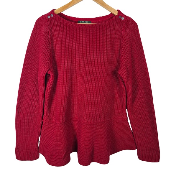 Lauren Ralph Lauren Sweaters - Ralph Lauren Red Ribbed Knit Peplum Sweater Crew Neck Button Shoulder Cotton XL